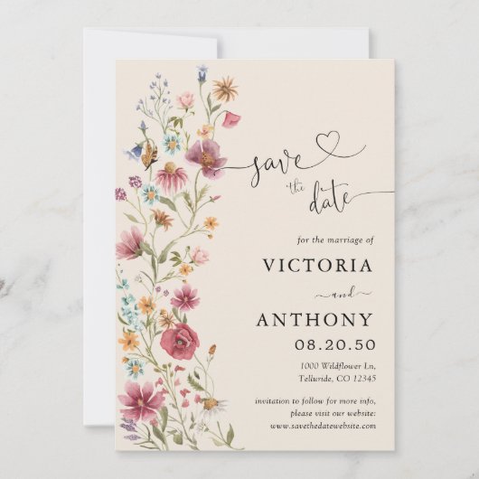 Boho Wilflowers日付カードを保存 招待状 (正面)