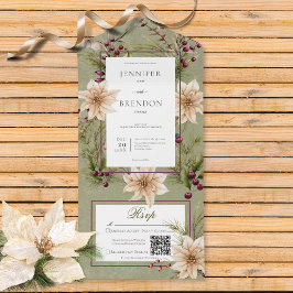 Boho Winter Greenery Boughs Sage Green QRコード オールインワン招待状