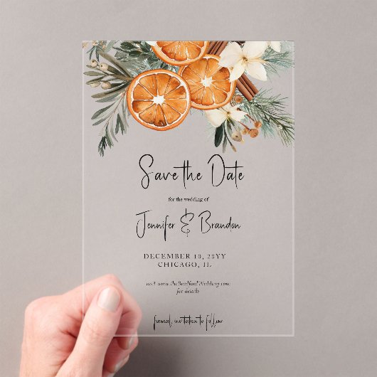 Boho Winter Greenery dry oranges Save the date アクリル招待状 (インサイチュ (ポータブル))