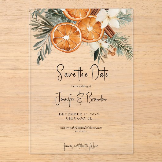 Boho Winter Greenery dry oranges Save the date アクリル招待状 (正面)