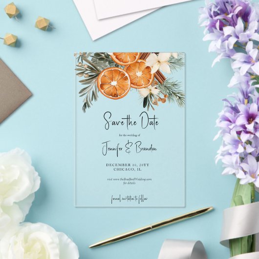 Boho Winter Greenery dry oranges Save the date アクリル招待状 (インサイチュ (ウェディング))