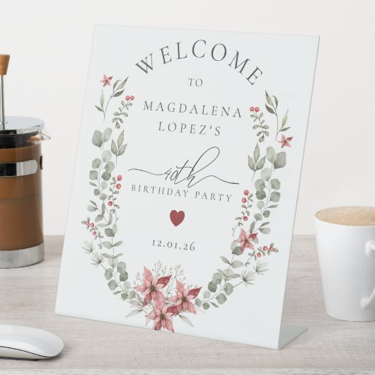 Boho Winter Greenery Redフローラ40歳の誕生日 台座サイン (インサイチュ)