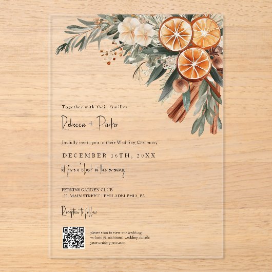 Boho Winter Wedding Qr code RSVP all in one アクリル招待状 (正面)
