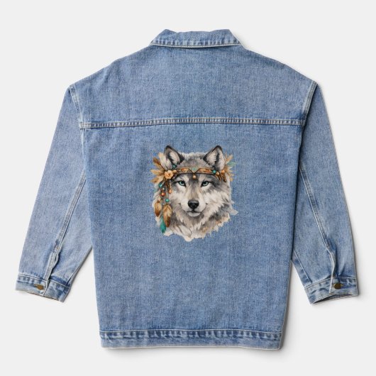 Boho Wolf Portrait Embroidered Look Zip Hoodie デニムジャケット (裏面)