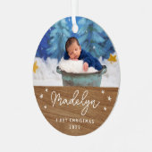 Boho Woodフェイクベビーの初めてのクリスマス写真 メタルオーナメント (正面左)