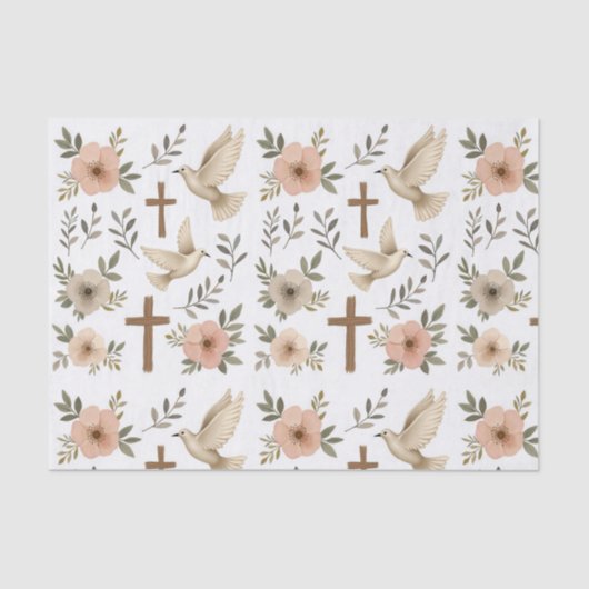 Boho Wooden Cross Dove Floral Pattern Christian 薄葉紙 (正面)