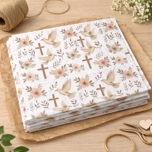 Boho Wooden Cross Dove Floral Pattern Christian 薄葉紙