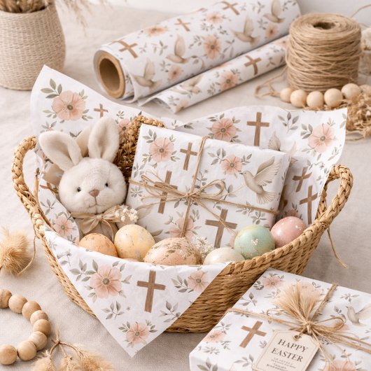 Boho Wooden Cross Dove Floral Pattern Christian 薄葉紙