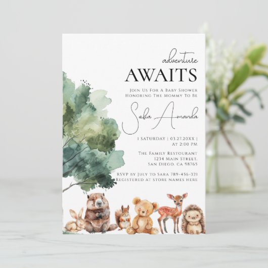 Boho Woodlandかわいい動物の赤ちゃんシャワー 招待状 (スタンド正面)