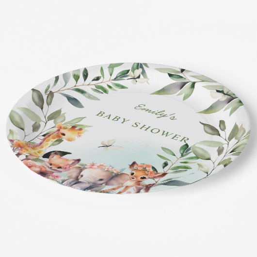 Boho Woodland赤ちゃんシャワー緑の森の動物 ペーパープレート (アングル)