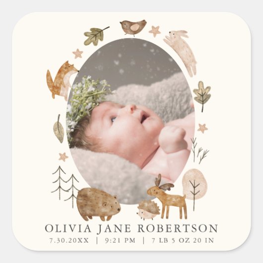 Boho Woodland Animals写真誕生のお知らせ スクエアシール (正面)