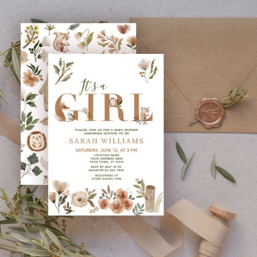 Boho Woodland Animals女の子ベビーシャワー 招待状