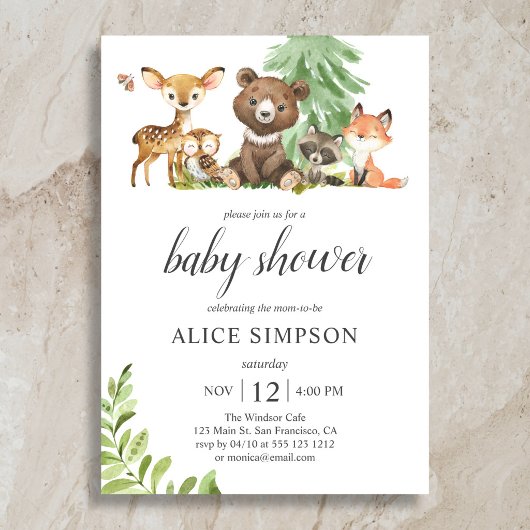Boho Woodland Animals 葉 Baby Shower Invitation 招待状