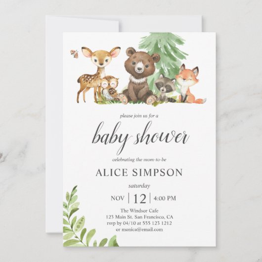 Boho Woodland Animals 葉 Baby Shower Invitation 招待状 (正面)