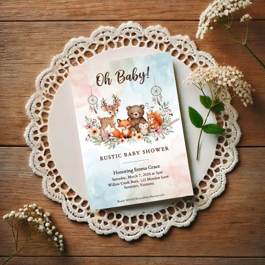 Boho Woodland Animals Baby Shower Invitation ポストカード