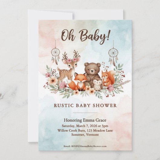 Boho Woodland Animals Baby Shower Invitation 招待状 (正面)
