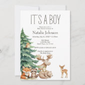 Boho Woodland Animals Boy Baby Shower 招待状 (正面)