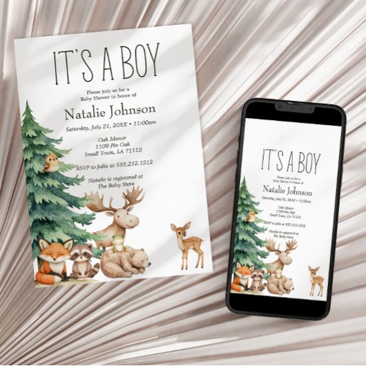 Boho Woodland Animals Boy Baby Shower 招待状