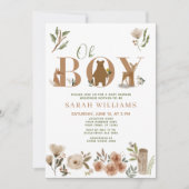 Boho Woodland Animals Brown Oh Boy Baby Shower 招待状 (正面)