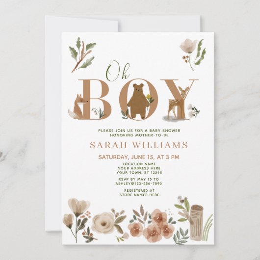 Boho Woodland Animals Brown Oh Boy Baby Shower 招待状 (正面)