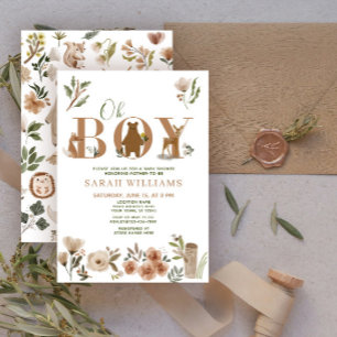 Boho Woodland Animals Brown Oh Boy Baby Shower 招待状