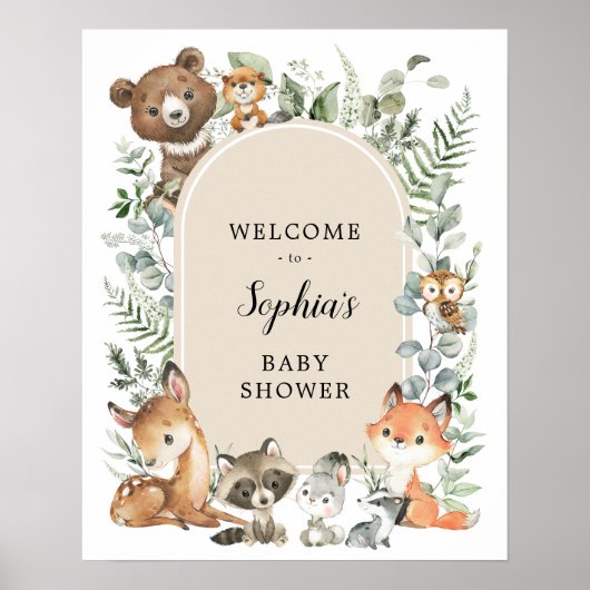 Boho Woodland Animals Greenery Baby Shower Welcome ポスター (正面)