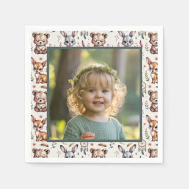 Boho Woodland Animals Kids Birthday Photo スタンダードカクテルナプキン