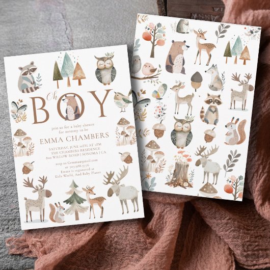 Boho Woodland Animals Oh Boy Baby Shower 招待状