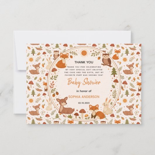 Boho Woodland Baby Shower | Rustic Forest Animals サンキューカード (正面)