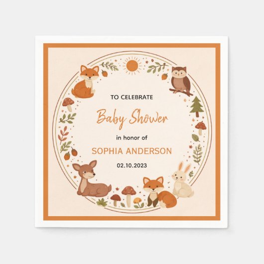 Boho Woodland Baby Shower | Rustic Forest Animals スタンダードカクテルナプキン (正面)