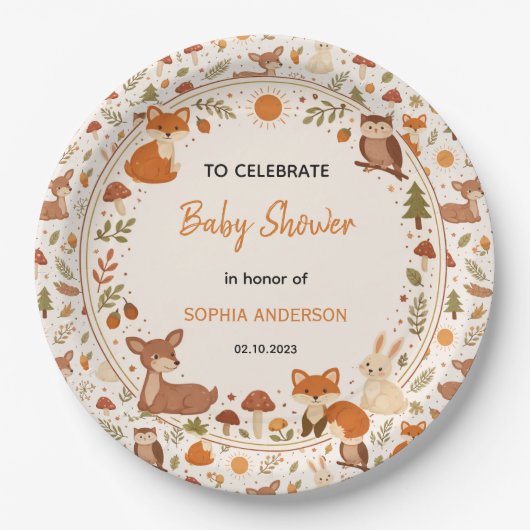 Boho Woodland Baby Shower | Rustic Forest Animals ペーパープレート (正面)