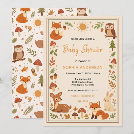 Boho Woodland Baby Shower | Rustic Forest Animals 招待状 (正面/裏面)