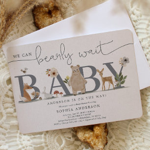Boho Woodland Bearly Wait Bear Baby Shower 招待状