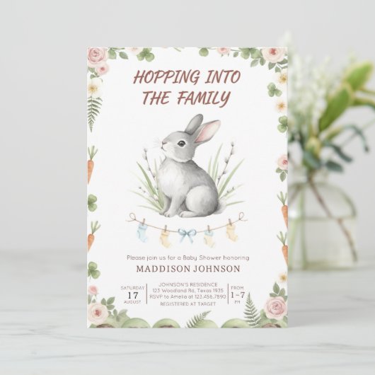 boho woodland bunny greenery baby shower 招待状 (スタンド正面)