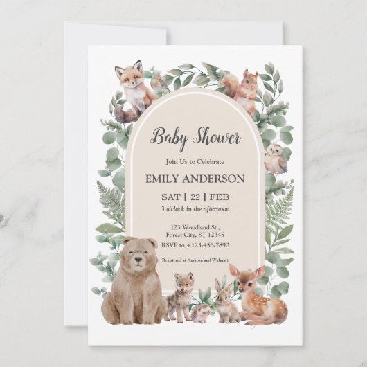 Boho Woodland Forest Animals Baby Shower Invitatio 招待状 (正面)