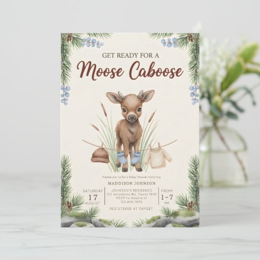 boho woodland moose greenery baby shower 招待状 (スタンド正面)