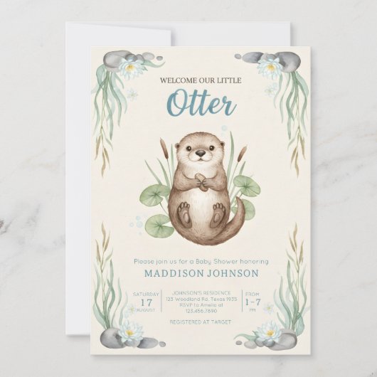 boho woodland Otters greenery baby shower 招待状 (正面)