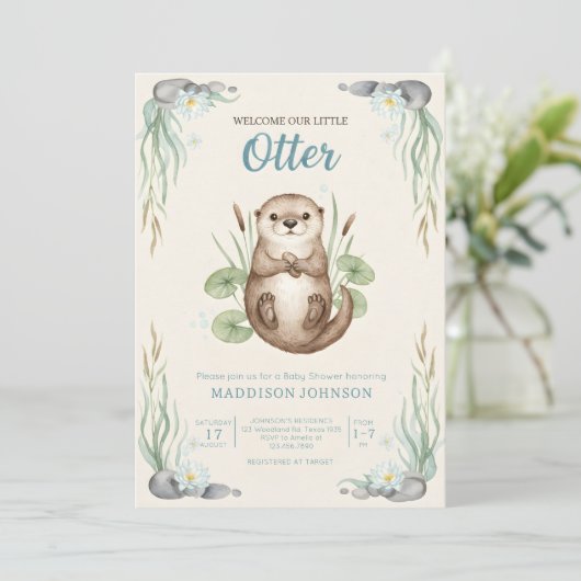 boho woodland Otters greenery baby shower 招待状 (スタンド正面)