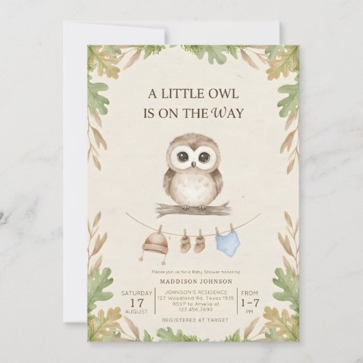 boho woodland owl greenery baby shower 招待状 (正面)
