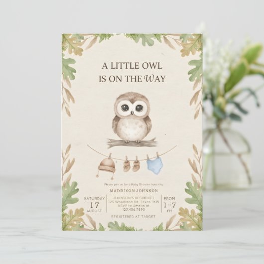 boho woodland owl greenery baby shower 招待状 (スタンド正面)