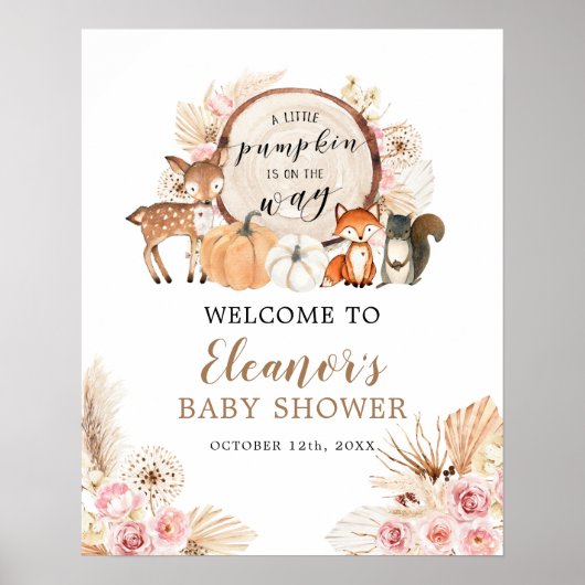 Boho Woodland Pumpkin Baby Shower Welcome Sign ポスター (正面)