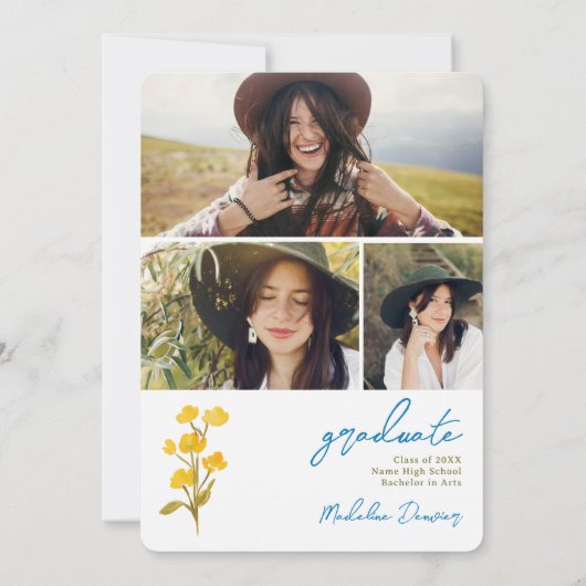 Boho Yellow and Blueフローラ3写真卒業 招待状 (裏面)