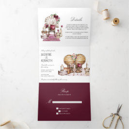 Boho's Burgundy 結婚 Pinkフローラヴィンテージ要素 三つ折り招待状