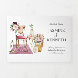 Boho's Burgundy 結婚 Pinkフローラヴィンテージ要素 三つ折り招待状