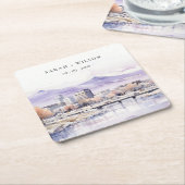 Boise, Idaho Watercolor Landscape Wedding スクエアペーパーコースター (アングル)