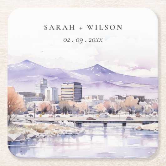 Boise, Idaho Watercolor Landscape Wedding スクエアペーパーコースター (正面)