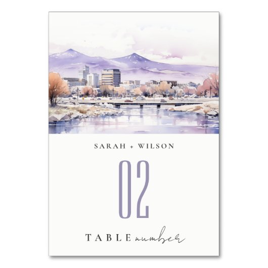 Boise, Idaho Watercolor Landscape Wedding テーブルナンバー (正面)