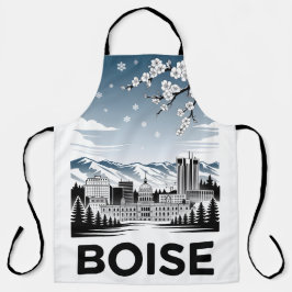 Boise Skyline Black and White Woodcut Winter  エプロン