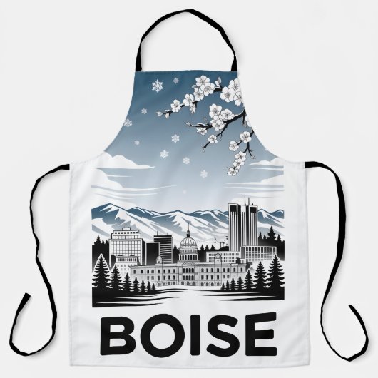Boise Skyline Black and White Woodcut Winter  エプロン (正面)