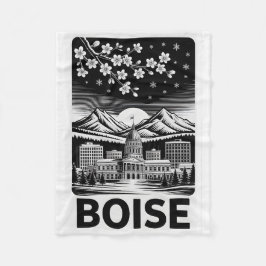 Boise Skyline Black and White Woodcut Winter  フリースブランケット